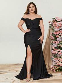 Plus Off Shoulder Ruched Split Thigh Formal Dress Elegant Bridesmaid Dress - Black - View 1