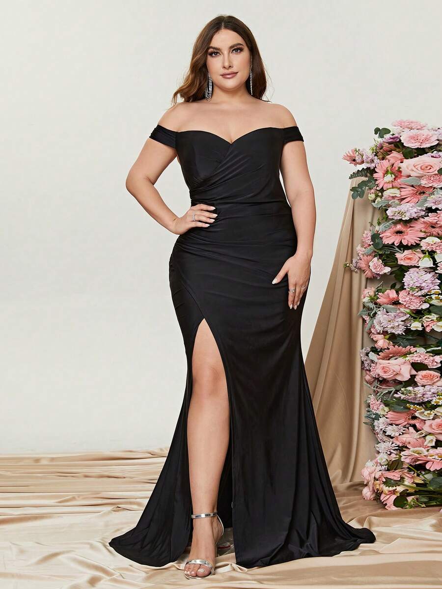 Plus Off Shoulder Ruched Split Thigh Formal Dress Elegant Bridesmaid Dress - Black - View 1