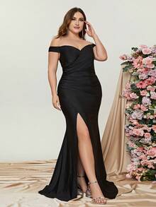 Plus Off Shoulder Ruched Split Thigh Formal Dress Elegant Bridesmaid Dress - Black - View 3