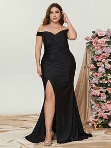 Plus Off Shoulder Ruched Split Thigh Formal Dress Elegant Bridesmaid Dress - Black - View 5