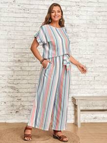 EMERY ROSE 大碼條紋印花蝙蝠袖上衣和褲子 - 彩色 - 查看 3