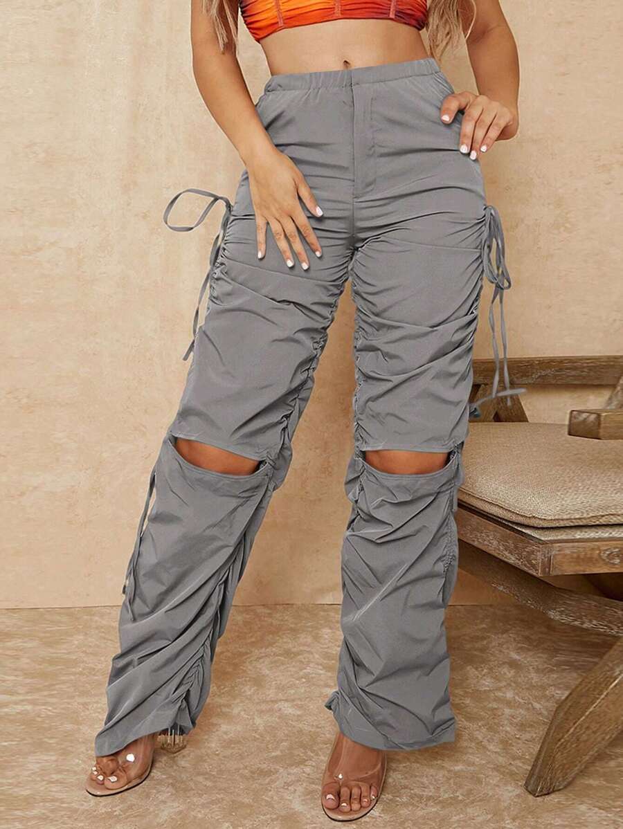 RueChic Solid Drawstring Ruched Stacked Trousers - Light Grey - View 1