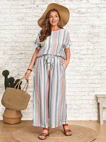 EMERY ROSE 大碼條紋印花蝙蝠袖上衣和褲子 - 彩色 - 查看 5