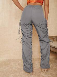 RueChic Solid Drawstring Ruched Stacked Trousers - Light Grey - View 2