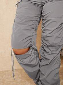 RueChic Solid Drawstring Ruched Stacked Trousers - Light Grey - View 3
