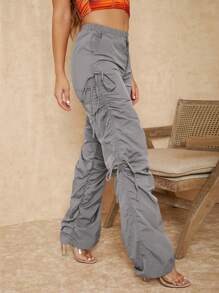 RueChic Solid Drawstring Ruched Stacked Trousers - Light Grey - View 4