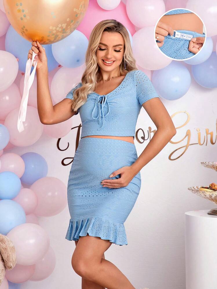 SHEIN Maternidad con cordón delantero Camiseta crop & bajo con fruncido Falda - Celeste - Añade 3