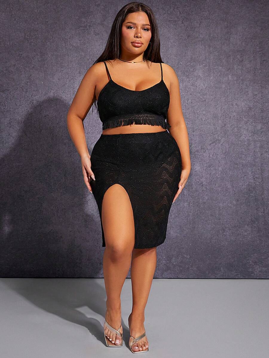 SHEIN SXY Bộ thời trang Plus Size mép Tách cao màu trơn Boho - màu đen - Xem 1