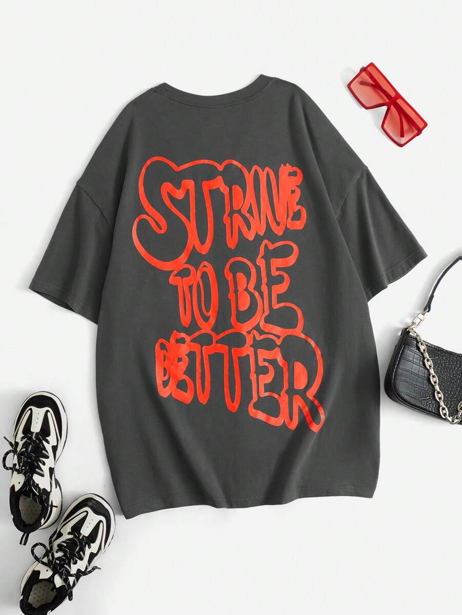 SHEIN EZwear Slogan Graphic Drop Shoulder Oversized Tee - Dark Grey - View 1