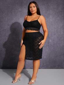 SHEIN SXY Bộ thời trang Plus Size mép Tách cao màu trơn Boho - màu đen - Xem 2