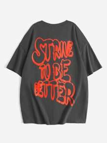 SHEIN EZwear Camiseta amplia con estampado de slogan de hombros caídos - Gris Oscuro - Ver 2