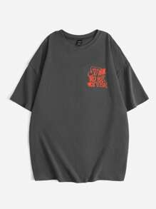 SHEIN EZwear Camiseta amplia con estampado de slogan de hombros caídos - Gris Oscuro - Ver 3