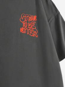 SHEIN EZwear Camiseta amplia con estampado de slogan de hombros caídos - Gris Oscuro - Ver 5