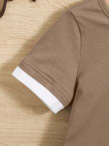 SHEIN Leap Crew Baby Boy Letter Patched Detail Contrast Trim Tee & Shorts - Apricot - View 3