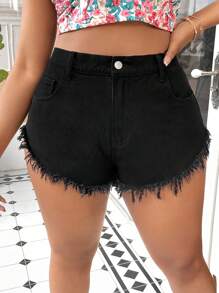 SHEIN SXY 大碼毛邊牛仔短褲 - 黑色 - 查看 4