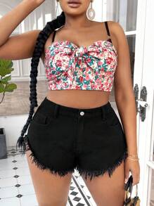 SHEIN SXY 大碼毛邊牛仔短褲 - 黑色 - 查看 6