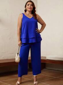 EMERY ROSE Plus Solid Cami Top & Wide Leg Pants - Royal Blue - View 5