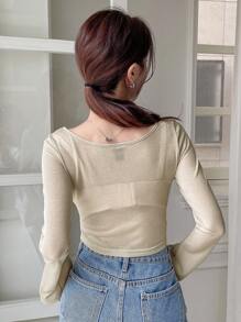 Letter Graphic Crop Top Long Sleeve Women Tops,Fall Women Clothes - Khaki - View 2