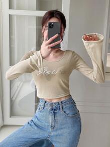 Letter Graphic Crop Top Long Sleeve Women Tops,Fall Women Clothes - Khaki - View 3
