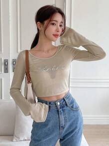 Letter Graphic Crop Top Long Sleeve Women Tops,Fall Women Clothes - Khaki - View 4
