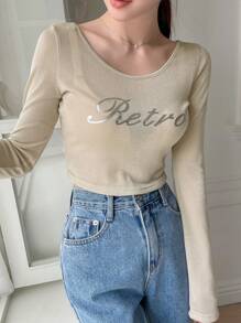 Letter Graphic Crop Top Long Sleeve Women Tops,Fall Women Clothes - Khaki - View 5
