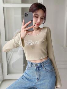 Letter Graphic Crop Top Long Sleeve Women Tops,Fall Women Clothes - Khaki - View 6