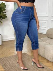 SHEIN SXY Quần Denim kích thước lớn Nút Túi Xù Dây kéo màu trơn - Rửa tối - Xem 1