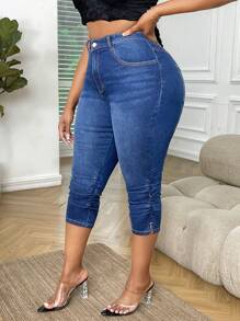 SHEIN SXY Quần Denim kích thước lớn Nút Túi Xù Dây kéo màu trơn - Rửa tối - Xem 3