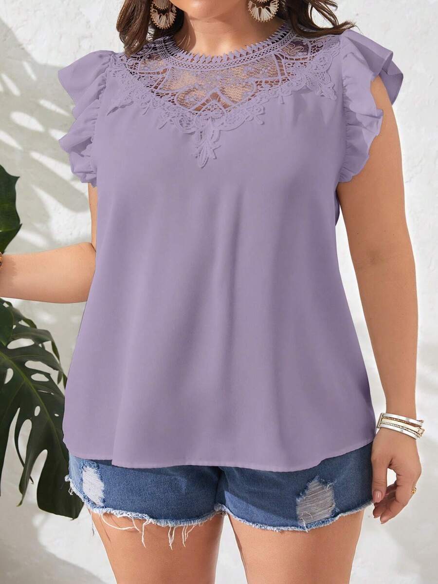 SHEIN CURVE+ Kích thước lớn Mùa hè Màu thuần Ren Vá lại Xù Hoa Sen Áo sơ mi - Màu tím - Xem 1