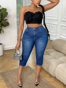 SHEIN SXY Quần Denim kích thước lớn Nút Túi Xù Dây kéo màu trơn - Rửa tối - Xem 5