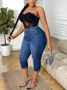 SHEIN SXY Quần Denim kích thước lớn Nút Túi Xù Dây kéo màu trơn - Rửa tối - Xem 6