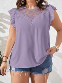 SHEIN CURVE+ Kích thước lớn Mùa hè Màu thuần Ren Vá lại Xù Hoa Sen Áo sơ mi - Màu tím - Xem 4