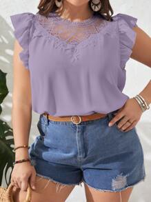 SHEIN CURVE+ Kích thước lớn Mùa hè Màu thuần Ren Vá lại Xù Hoa Sen Áo sơ mi - Màu tím - Xem 6