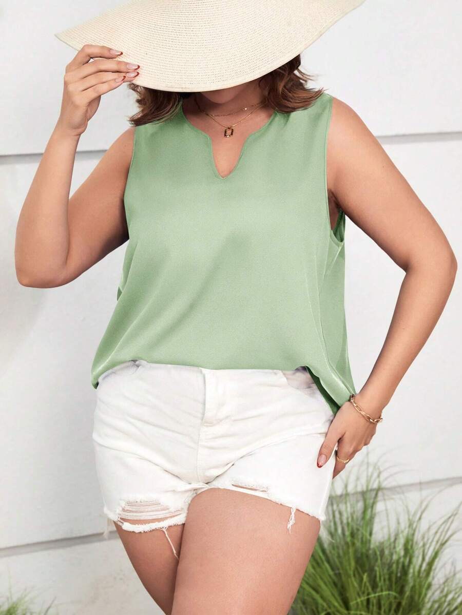 SHEIN LUNE 大碼缺口領無袖襯衫 - 薄荷綠 - 查看 1