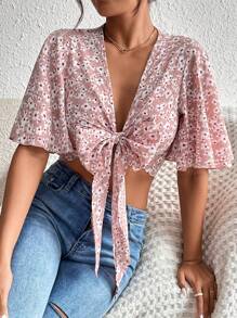 Chiquease Allover Floral Print Knot Front Crop Blouse - Baby Pink - View 1