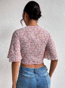 Chiquease Allover Floral Print Knot Front Crop Blouse - Baby Pink - View 2
