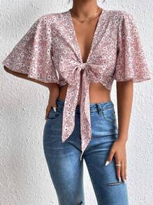 Chiquease Allover Floral Print Knot Front Crop Blouse - Baby Pink - View 3