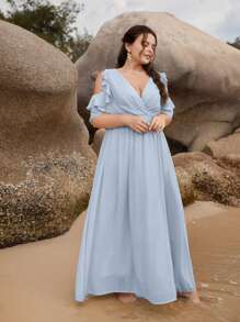 SHEIN Belle Trang phục phù dâu cho phụ nữ Plus Cắt ra Xù Trọn gói Dây kéo màu trơn - Màu xanh nhạt - Xem 1