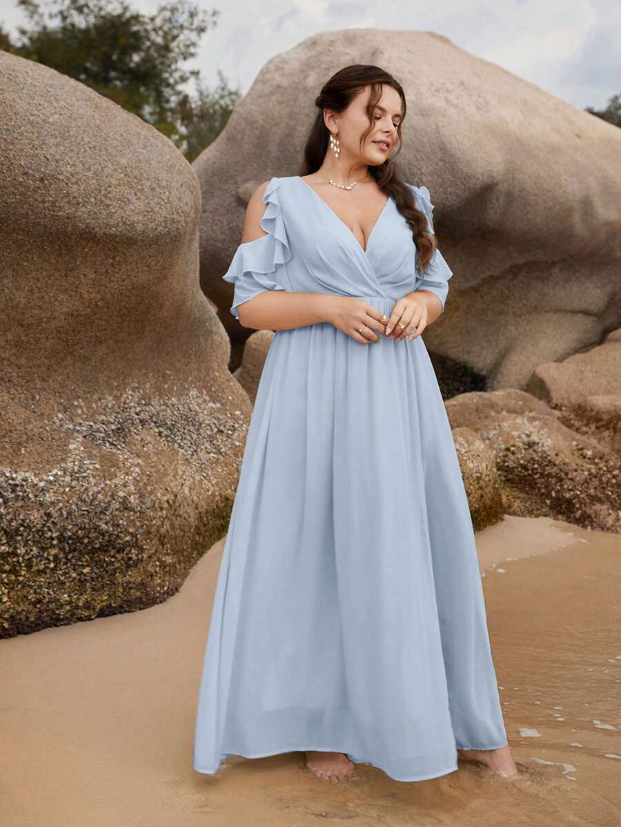 SHEIN Belle Trang phục phù dâu cho phụ nữ Plus Cắt ra Xù Trọn gói Dây kéo màu trơn - Màu xanh nhạt - Xem 1