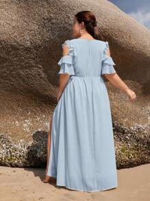 SHEIN Belle Trang phục phù dâu cho phụ nữ Plus Cắt ra Xù Trọn gói Dây kéo màu trơn - Màu xanh nhạt - Xem 2