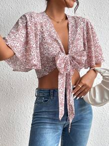 Chiquease Allover Floral Print Knot Front Crop Blouse - Baby Pink - View 4