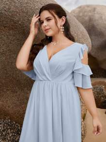 SHEIN Belle Trang phục phù dâu cho phụ nữ Plus Cắt ra Xù Trọn gói Dây kéo màu trơn - Màu xanh nhạt - Xem 3