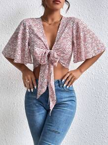 Chiquease Allover Floral Print Knot Front Crop Blouse - Baby Pink - View 5