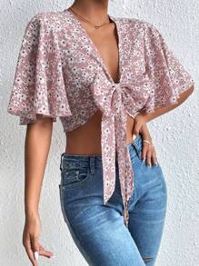 Chiquease Allover Floral Print Knot Front Crop Blouse - Baby Pink - View 6
