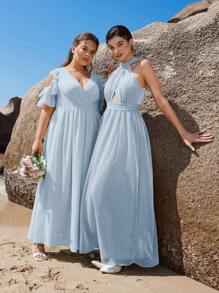 SHEIN Belle Trang phục phù dâu cho phụ nữ Plus Cắt ra Xù Trọn gói Dây kéo màu trơn - Màu xanh nhạt - Xem 5