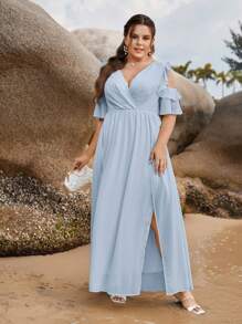 SHEIN Belle Trang phục phù dâu cho phụ nữ Plus Cắt ra Xù Trọn gói Dây kéo màu trơn - Màu xanh nhạt - Xem 6