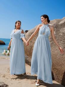 SHEIN Belle Trang phục phù dâu cho phụ nữ Plus Cắt ra Xù Trọn gói Dây kéo màu trơn - Màu xanh nhạt - Xem 7