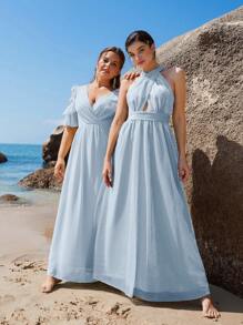 SHEIN Belle Trang phục phù dâu cho phụ nữ Plus Cắt ra Xù Trọn gói Dây kéo màu trơn - Màu xanh nhạt - Xem 9