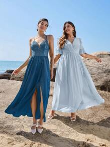 SHEIN Belle Trang phục phù dâu cho phụ nữ Plus Cắt ra Xù Trọn gói Dây kéo màu trơn - Màu xanh nhạt - Xem 11