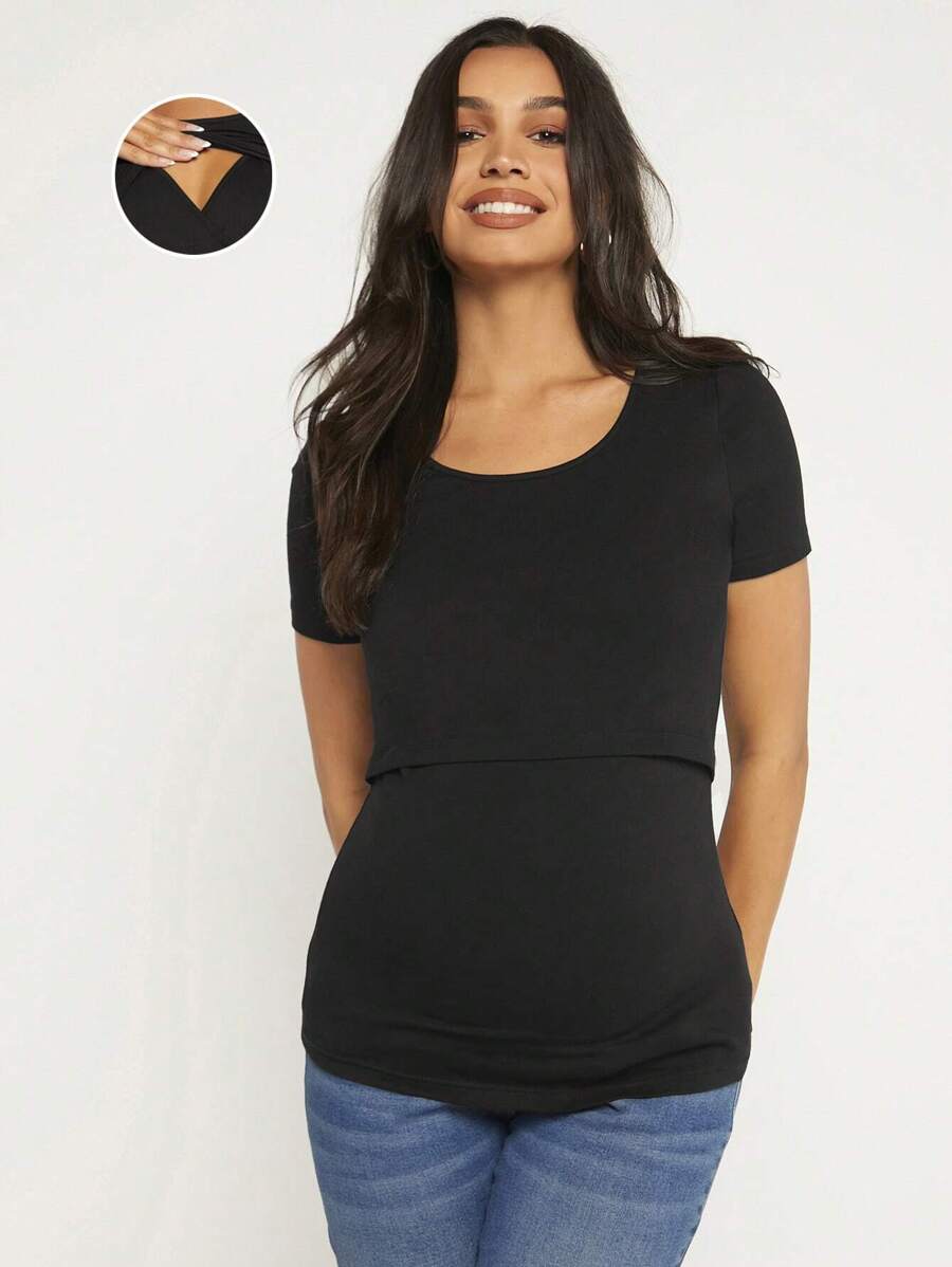 SHEIN Maternity Solid Nursing Tee - Black - View 1